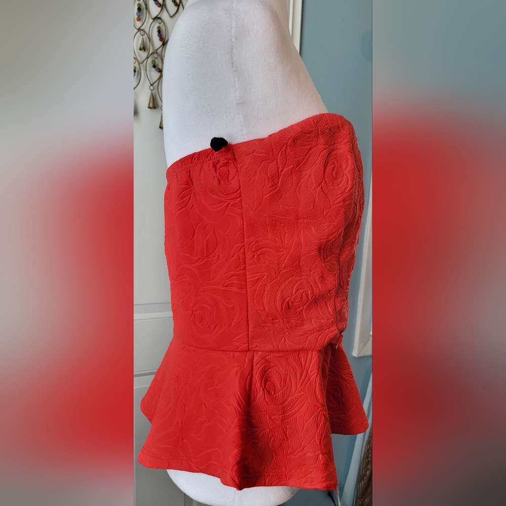 Y2K Strapless Peplum Top w/ Gold Wa Accent Womens 1X Red Embossed Rose By Blush - Picture 4 of 10